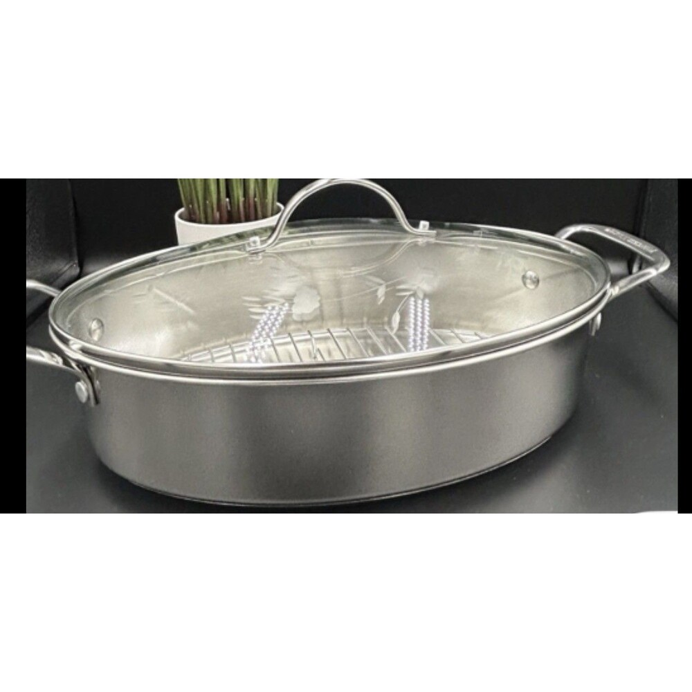 Princess House 18/10 Stainless Steel 5 Qt Oval Roaster Pot w/ Etched Glass Lid